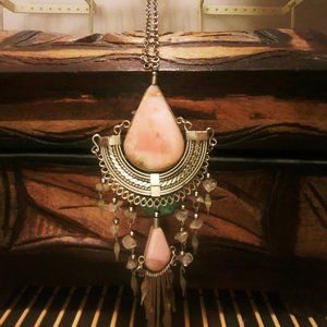 Native Inspired Unique Pink stone and fringe necklace
